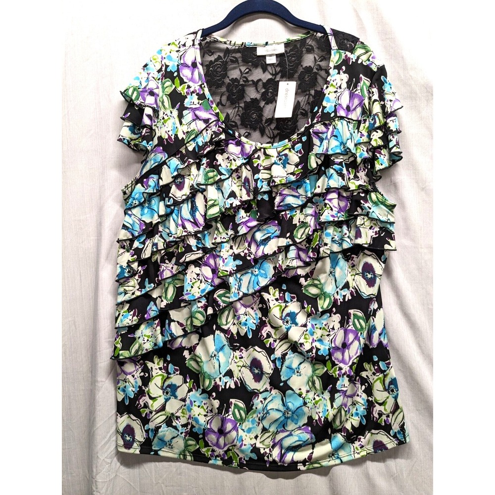 NWT Dressbarn Mesh/Lace Scoop Neck Womens Top Sz 3X Floral Tiered Ruffled Accent